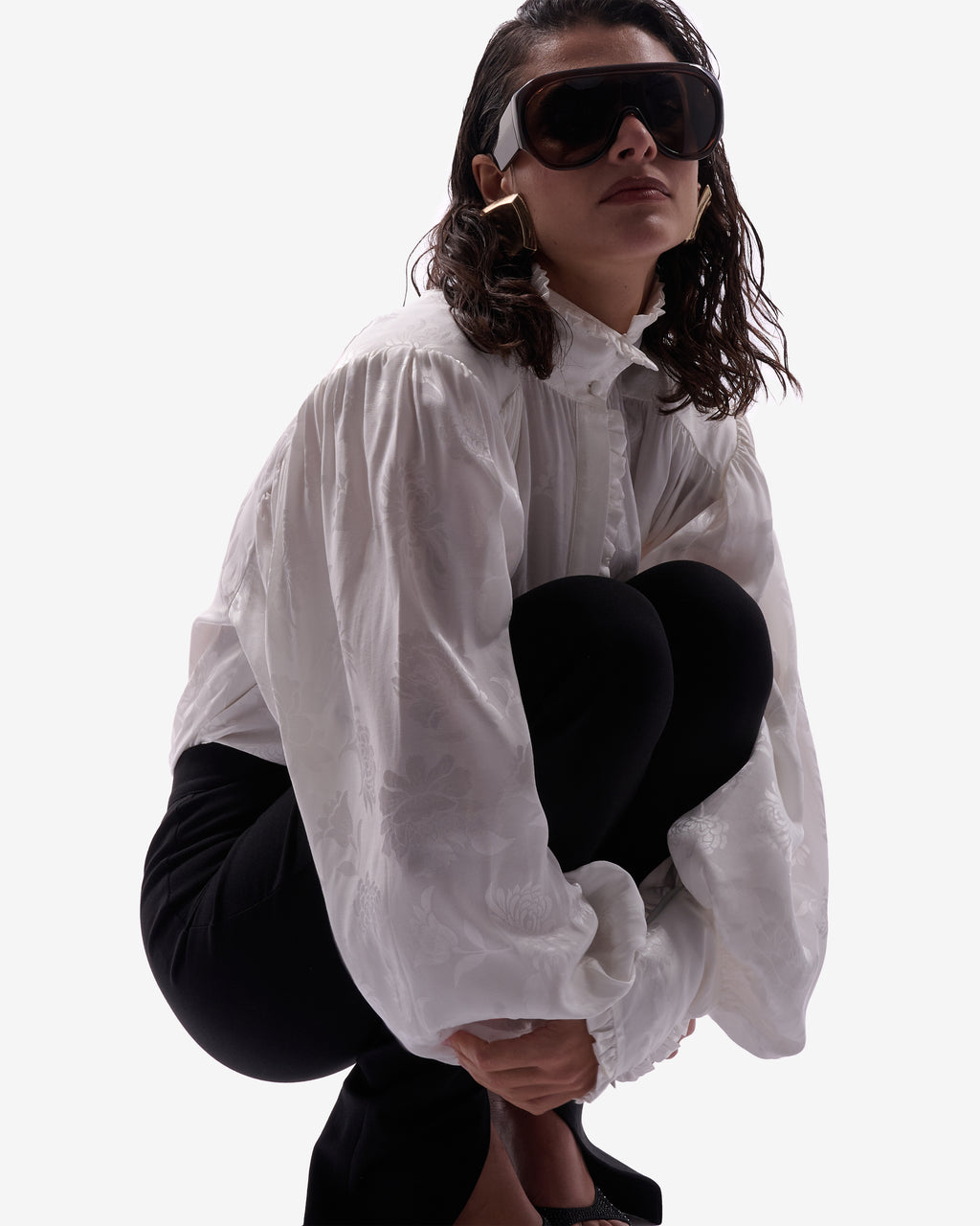 Rose Jacquard High-neck Blouse Milk