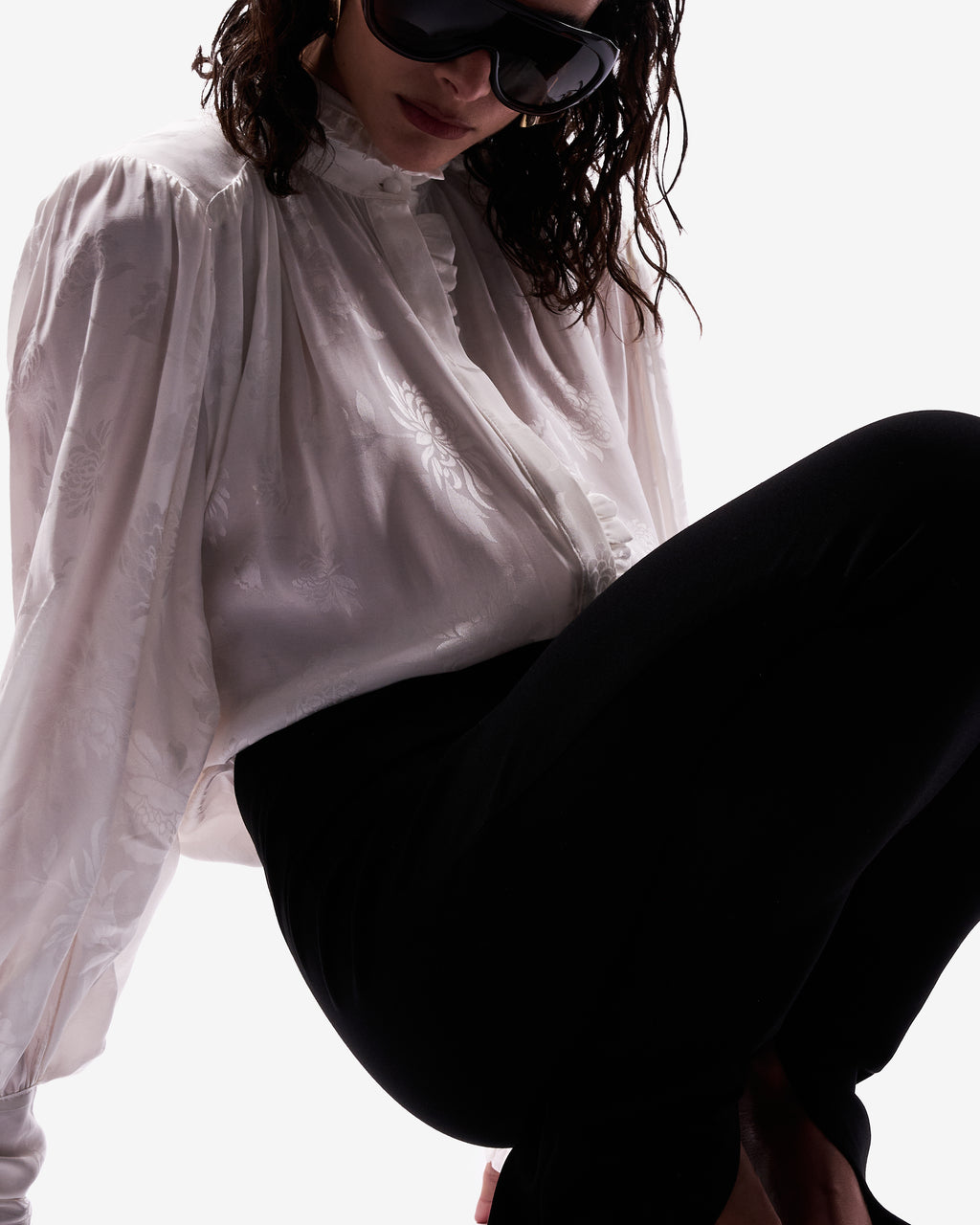 Rose Jacquard High-neck Blouse Milk